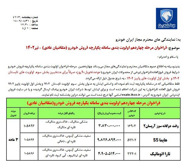  واریز وجه متقاضیان محصولات ایران خودرو تا ۱۱ مرداد